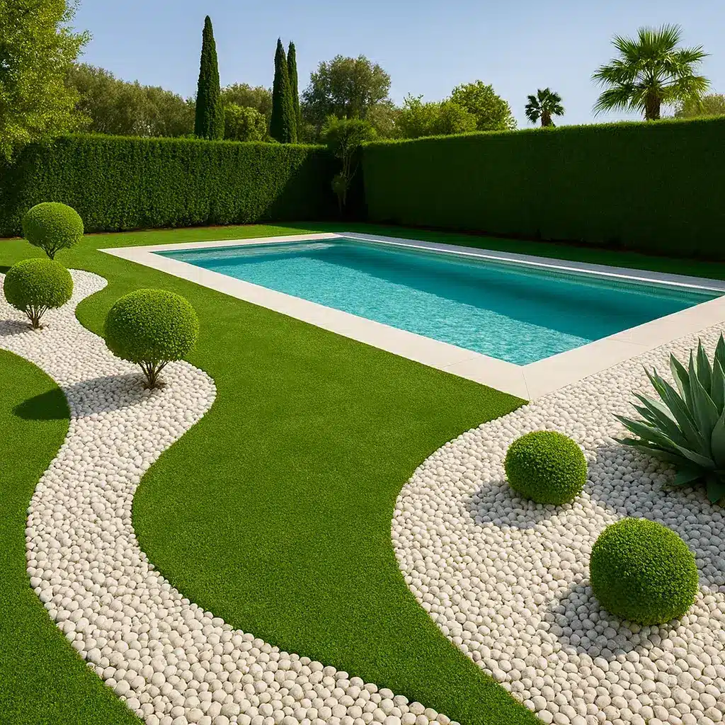giardini con erba sintetica e sassi e piscina